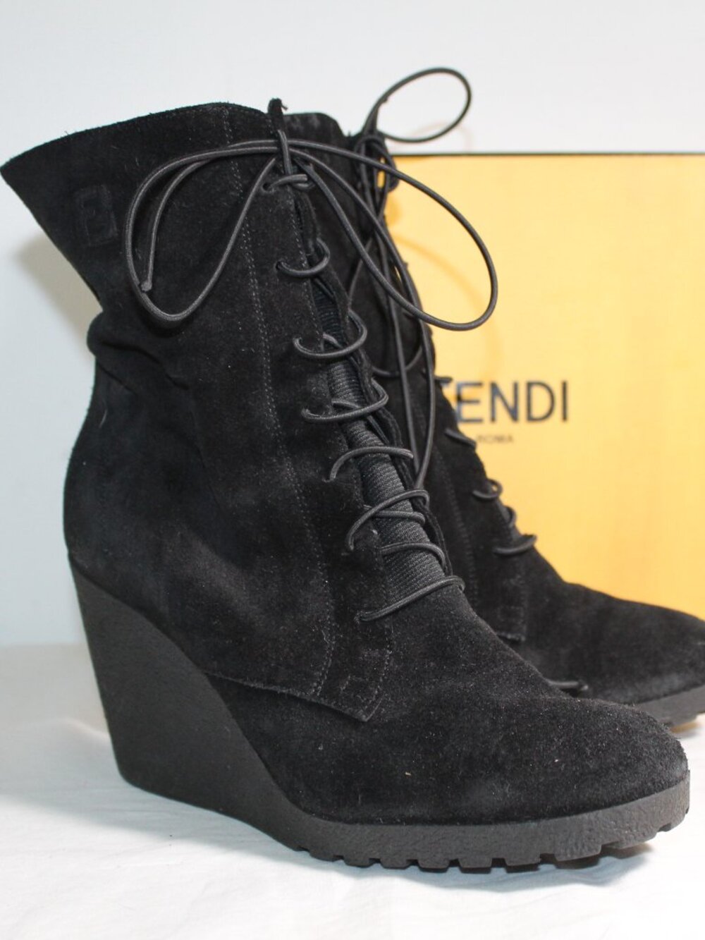 Fendi Black Suede Wedge Lace Up Booties Boots 41.5